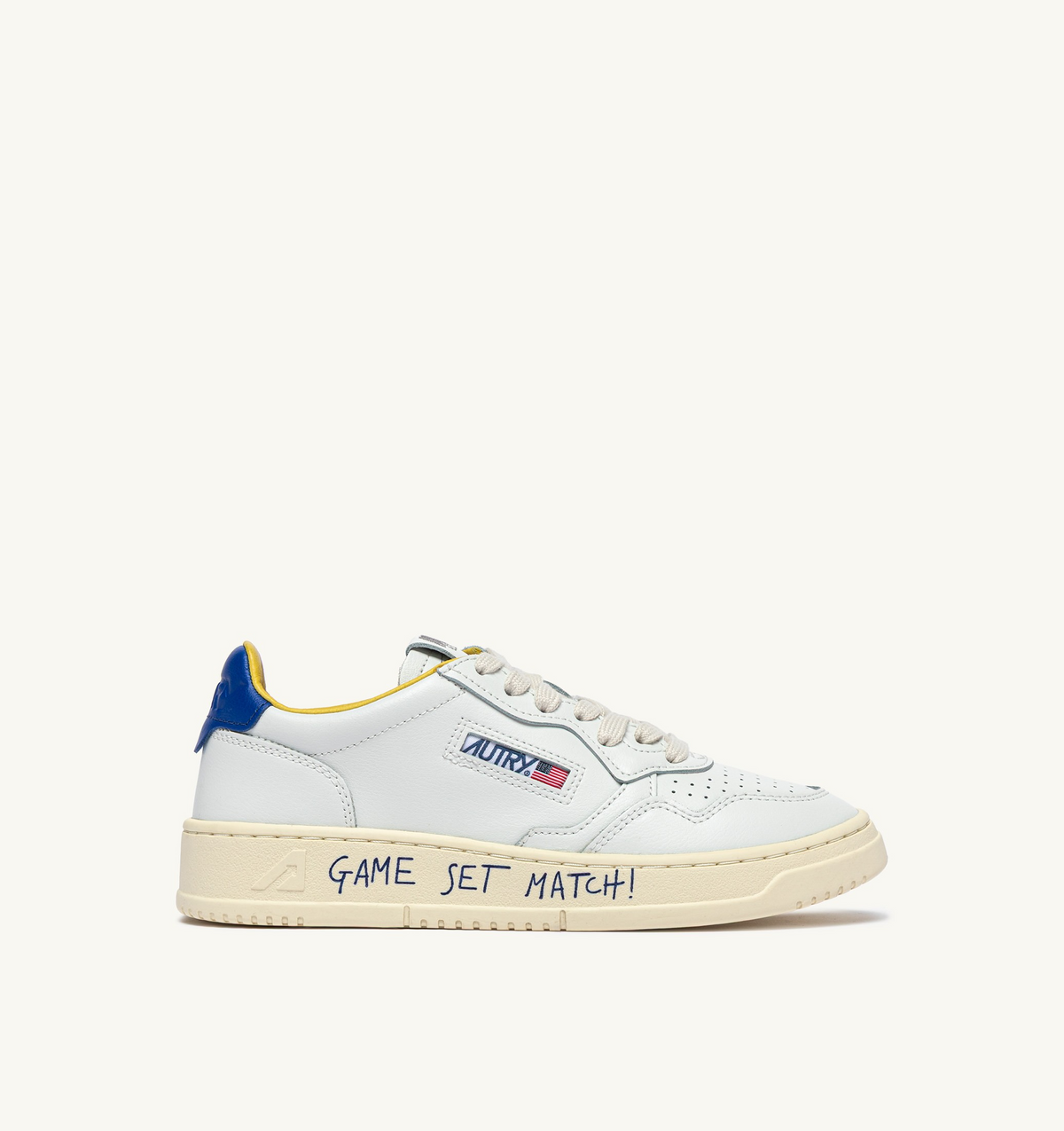 Medalist Low Sneaker – White/Beau Blue Leather with Lettering