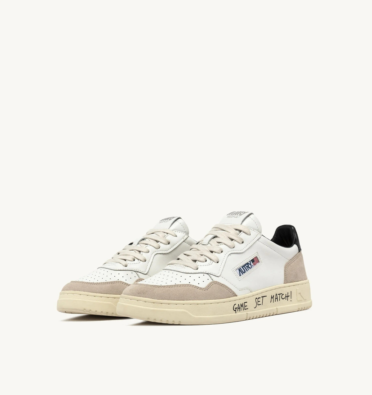 Medalist Low Sneaker – White/Black Leather & Suede with Lettering