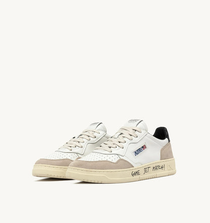 Medalist Low Sneaker – White/Black Leather & Suede with Lettering