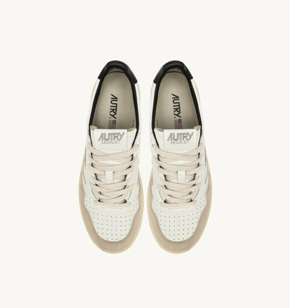 Medalist Low Sneaker – White/Black Leather & Suede with Lettering