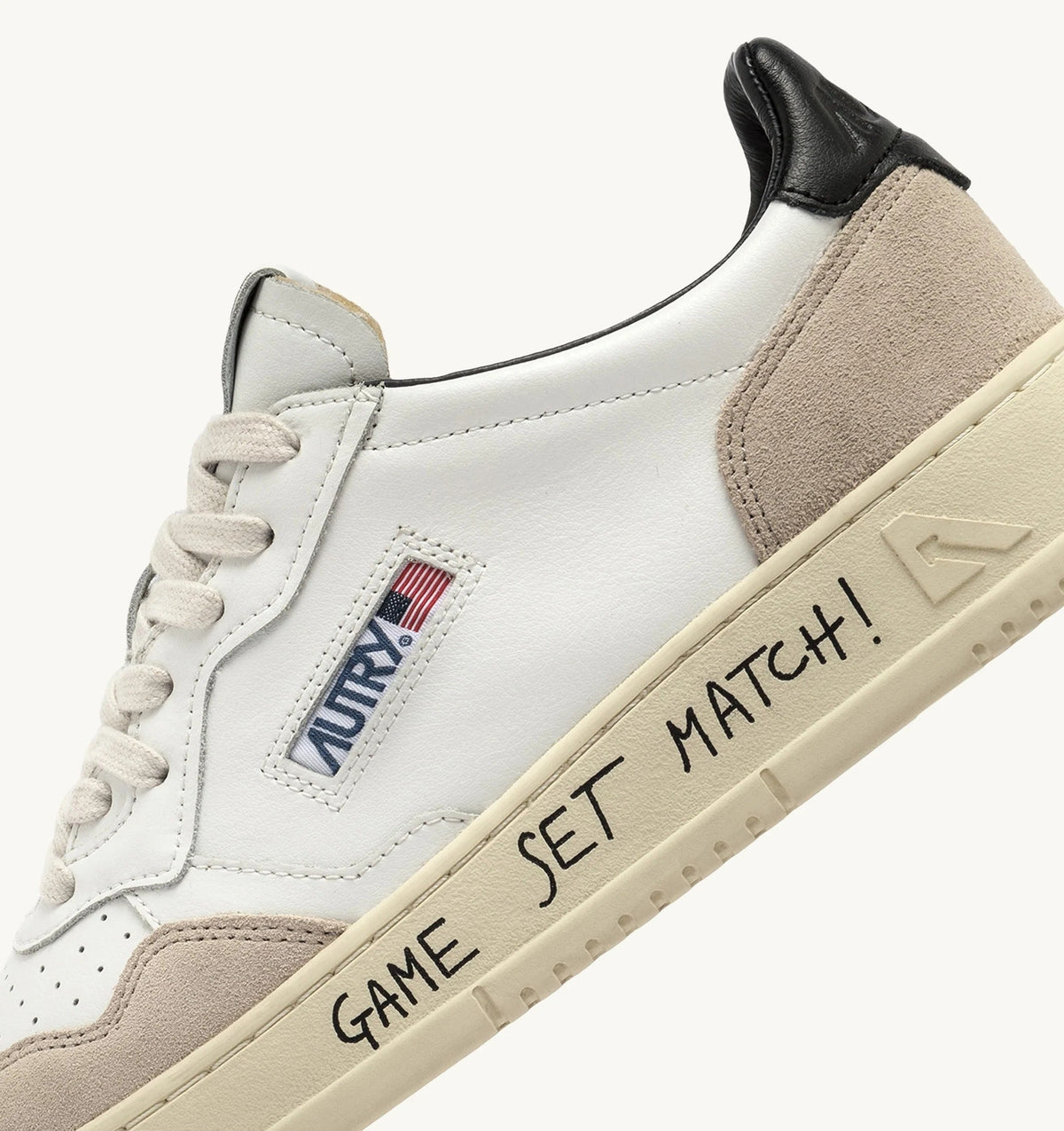 Medalist Low Sneaker – White/Black Leather & Suede with Lettering