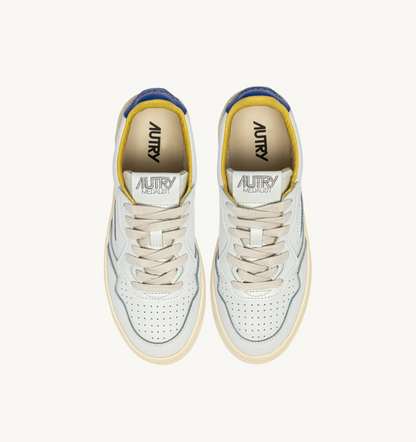Medalist Low Sneaker – White/Beau Blue Leather with Lettering